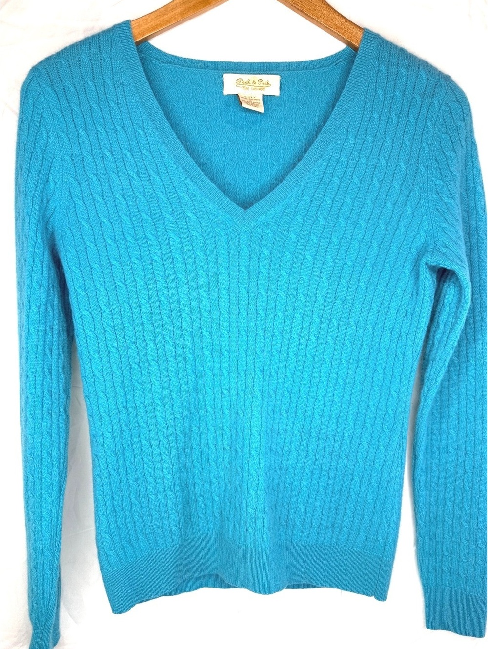 Peck & Peck 100% Cashmere Cable Knit V-Neck Sweater Blue Size Small
